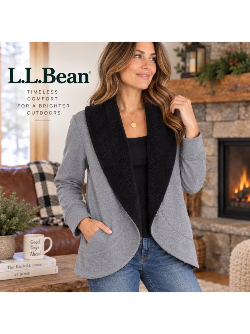 LL Bean Cardigan Jacket Womens M Gray Black Fleece Shawl Collar Open Front